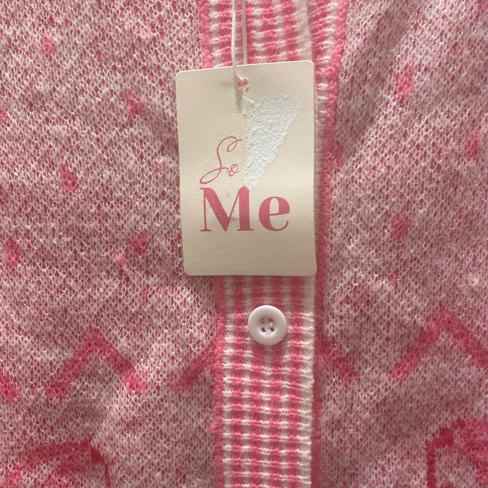 So Me Pink White Ruffle Bow Button Front Soft Pastel Cardigan Sweater Medium - Picture 5 of 8